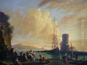 Figures In A Mediterranean Harbour At Sunset