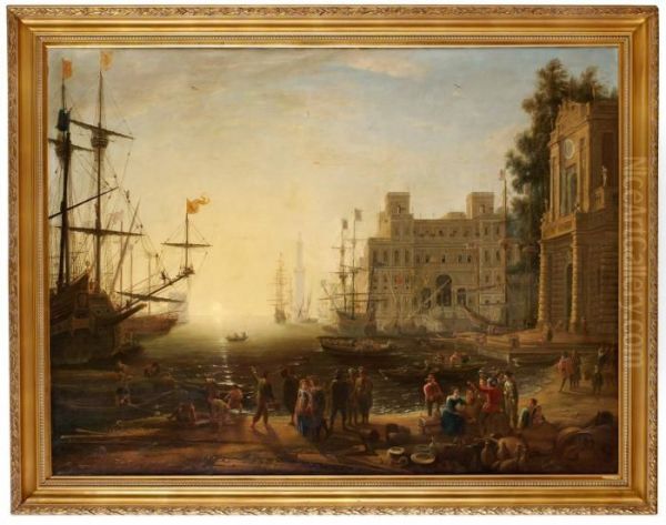 Carpriccio Med En Italiensk Hamn I Skymning Med Villa Medici Ochhandelsman - view 1