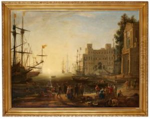 Carpriccio Med En Italiensk Hamn I Skymning Med Villa Medici Ochhandelsman
