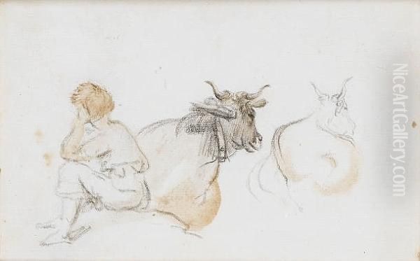 A Seated Shepherd With Two Cows - view 1