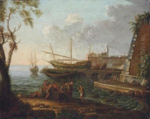 A Coastal Landscape With Fishing Boats Moored, A Town Beyond