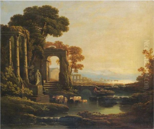 An Extensive River Landscape With Classical Ruins - view 1