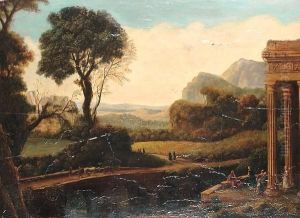 An Extensive Italianate
Landscape With Figures Beneath A Ruined Portico And Travellers On A
Bridge Beyond by Claude Lorrain (Claude Gellee)