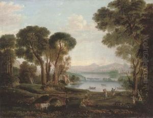 An Italianate River Landscape 
With Figures Dancing And Making Music On A Bank, A Town Beyond