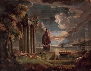 A Mediterranean Coastal 
Landscape At Twilight With Shepherdesses And Their Goats At Rest By 
Classical Ruins, Shipping Beyond