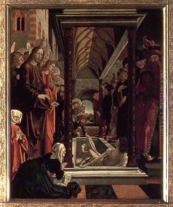 St Wolfgang Altarpiece- Resurrection of Lazar 1479-81 by Michael Pacher