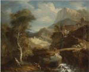 Extensive Mountainous Landscape With Travelers Crossing A Ravine