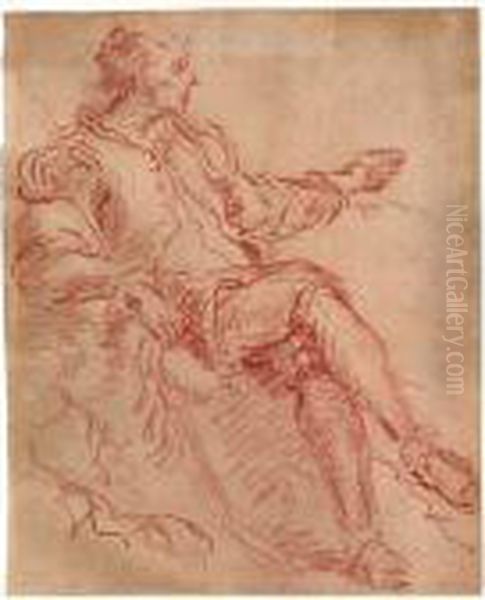 A Study Of A Seated Hunter With A Rifle And Plumed Hat, His Left Arm Extended - view 1