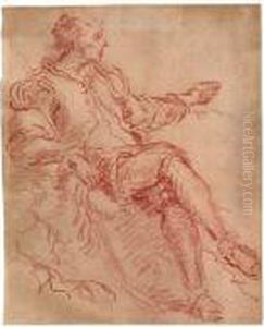 A Study Of A Seated Hunter With A Rifle And Plumed Hat, His Left Arm Extended