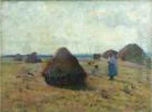 Jeune Fille Pres Des Meules De Foin by Henri Eugene Augustin Le Sidaner