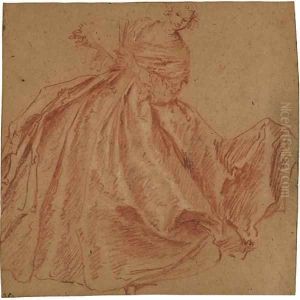 A woman holding a fan by Jean-Baptiste Joseph Pater