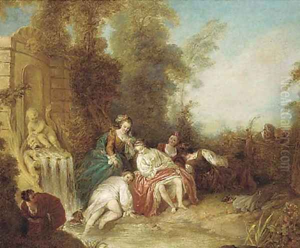 Ladies bathing at a fountain with onlookers by a fence - view 1