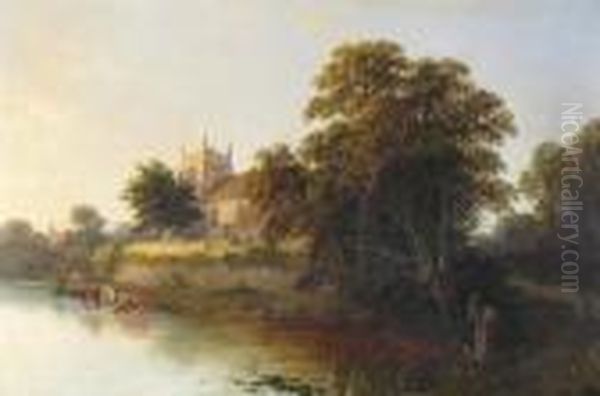 River Landscape With Cattle Watering Near A Church - view 1