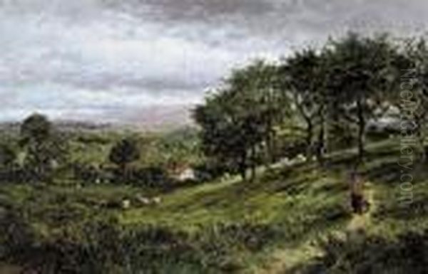 Figures On A Path With Sheep And Cottages Beyond - view 1