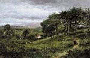 Figures On A Path With Sheep And Cottages Beyond by Benjamin Williams Leader
