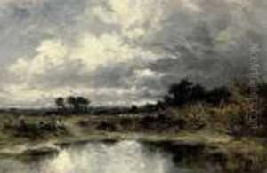 Two Figures And Their Dog Beside A Pond Two Figures And Their Dog Beside A Pond
