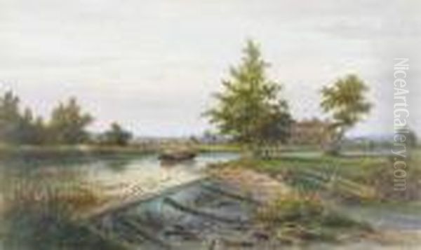 A Figure In A Boat By A Weir - view 1