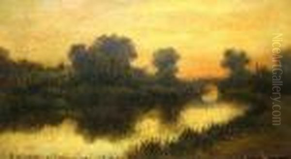 River Landscape At Sunset; - view 1