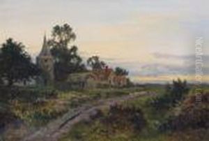 Drover And Sheep By A Hamlet At Dusk