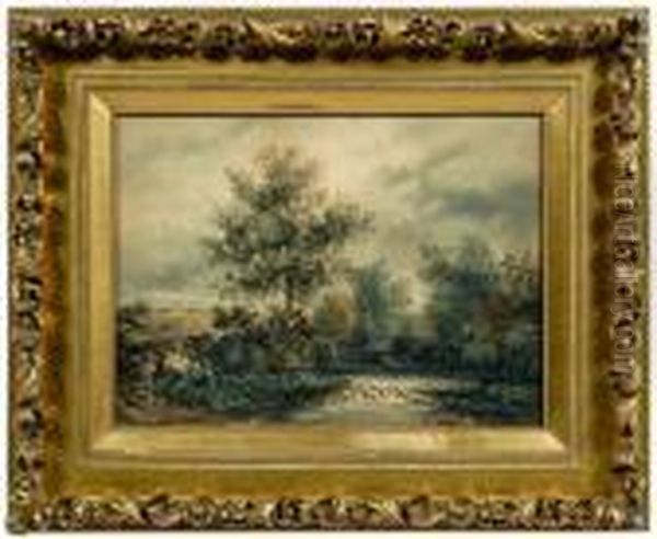 Pastoral Landscape With Cows Descending A Path By A River - view 1