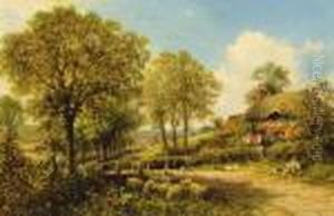 Spring Cottage With Shepherd And Flock by Benjamin Williams Leader