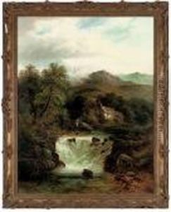A Woman Beside A Waterfall by Benjamin Williams Leader
