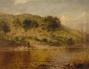 A Welsh River With Fisherman by Benjamin Williams Leader