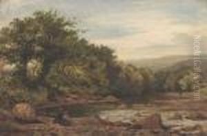 Figures By A River, Thought To Be Llugwy, North Wales by Benjamin Williams Leader