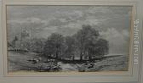 "middleton Church 1881" With Sheep In The Foreground, Signed, Charcoal - view 1