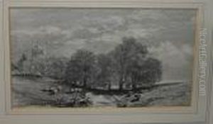 "middleton Church 1881" With Sheep In The Foreground, Signed, Charcoal