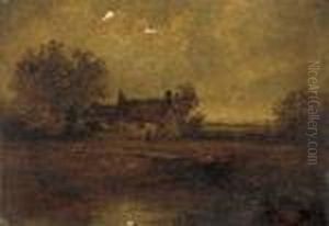 Figures By A Pond Before A Cottage Figures By A Pond Before A Cottage