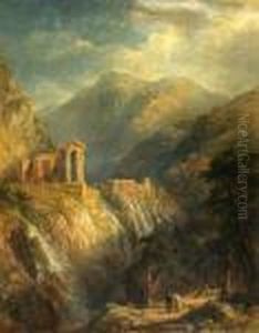 Mountain Landscape With Distant Italianate Ruins And Aqueducts Over Waterfalls