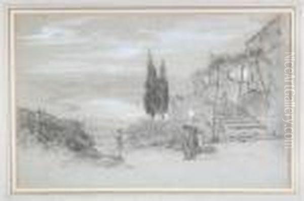 Figures In A Continental Lake Landscape - view 1