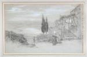 Figures In A Continental Lake Landscape by Edward Lear