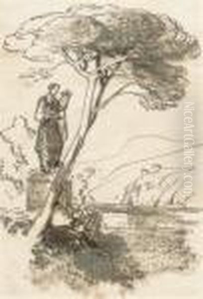 Statue Of A Muse Overlooking A Lake Surrounded By Mountains - view 1