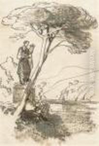 Statue Of A Muse Overlooking A Lake Surrounded By Mountains by Edward Lear