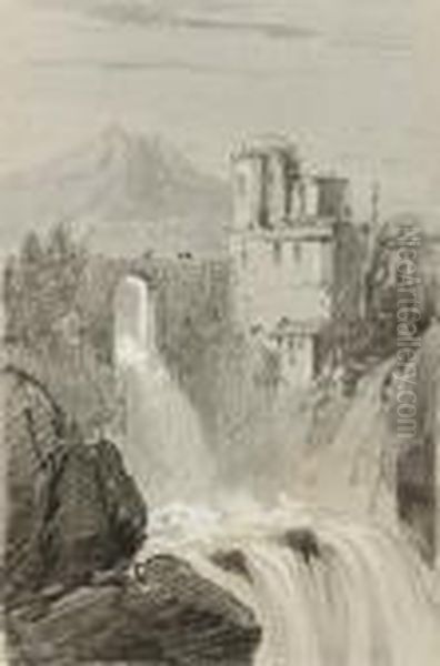 A Castle By A Waterfall With A Mountain Beyond - view 1