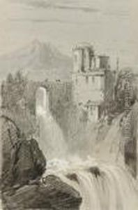 A Castle By A Waterfall With A Mountain Beyond by Edward Lear
