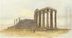 The Temple Of Olympian Zeus With The Acropolis Beyond, Athens by Edward Lear