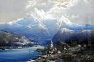 A Continental Mountain Landscape With A Village By A River by Noel Harry Leaver