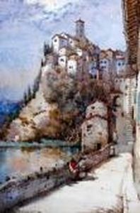 Continental Hilltop Village By A River With Figures On A Bridge Before by Noel Harry Leaver