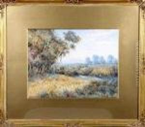 A River Landscape With A Shepherd And Flock In A Meadow In The Distance by Noel Harry Leaver