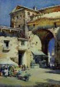 View Of An Eastern Market Scene With Arched Gatewayto Background