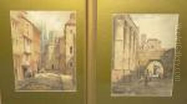 A.r.c.a. Figures In A Street, A
Cathedral In The Distance, Possibly York; Continental Street Scene With
Figures Beside An Archway, Ancient Ruins Nearby Both Signed, Pencil And
Watercolour, Each 36cm By 25.5cm - view 1