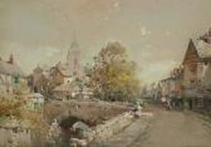 A Flemish Town Scene With A Bridge In The Foreground