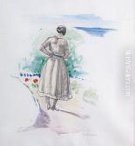 Jeune Femme Dans Un Jardin Surplombant La Mer by Henri Lebasque