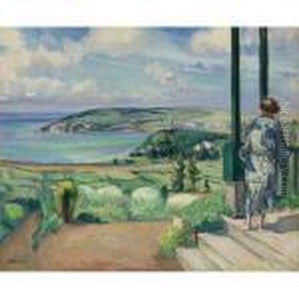 Femme En Peignoir Bleu Devant Une Villa A Morgat - view 1