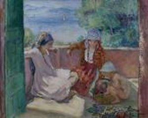 Jeunes Femmes Assises Et Enfant Sur La Terrasse A Sainte-maxime (les Enfants Lebasque) by Henri Lebasque