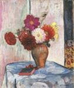 Vase De Dalhias Avec Livre Sur La Table by Henri Lebasque