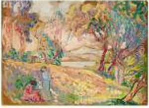 Saint-tropez, Deux Jeunes Filles Dans Un Paysage by Henri Lebasque